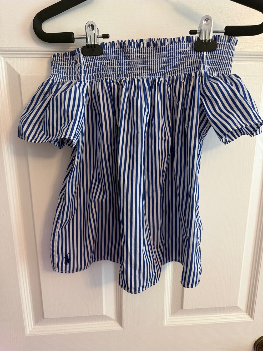 Polo by Ralph Lauren Navy and White Striped off the shoulder Top- Girls Size 10